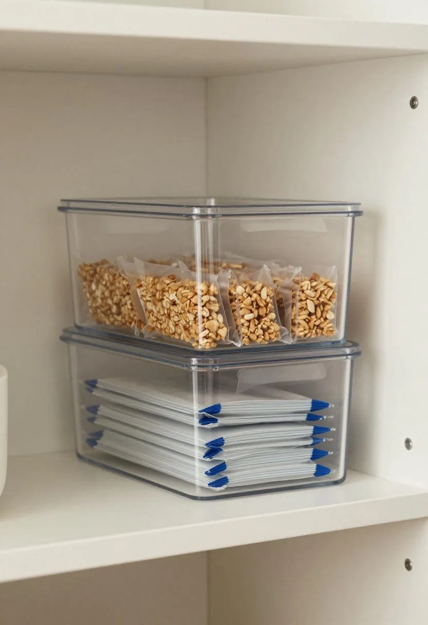 Stacked clear acrylic bins on a pantry shelf organizing snacks and reusable bags with full visibility