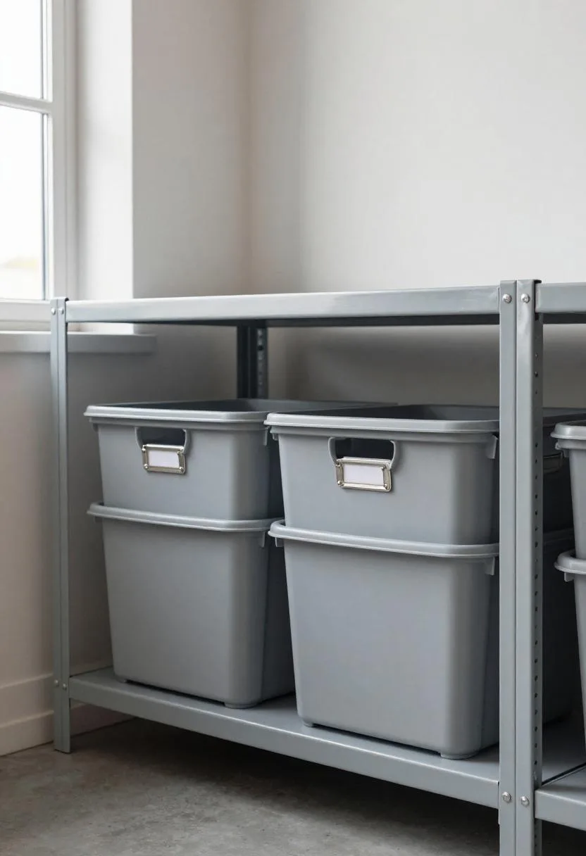 Stacked labeled polypropylene totes on a gray steel shelf for seasonal storage in the garage corner