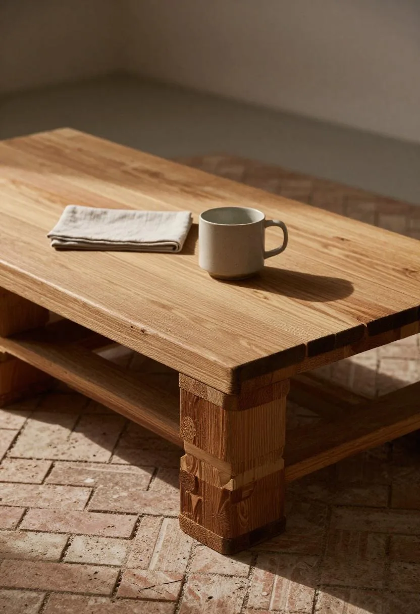 Stacked pine pallet coffee table on brick patio with a ceramic mug in soft morning light