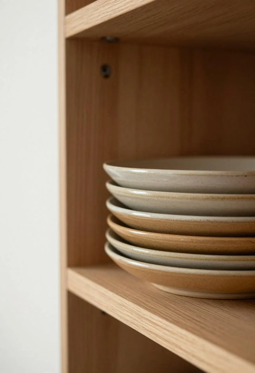 Stacked handmade tan ceramic plates on open oak kitchen shelving in warm afternoon light