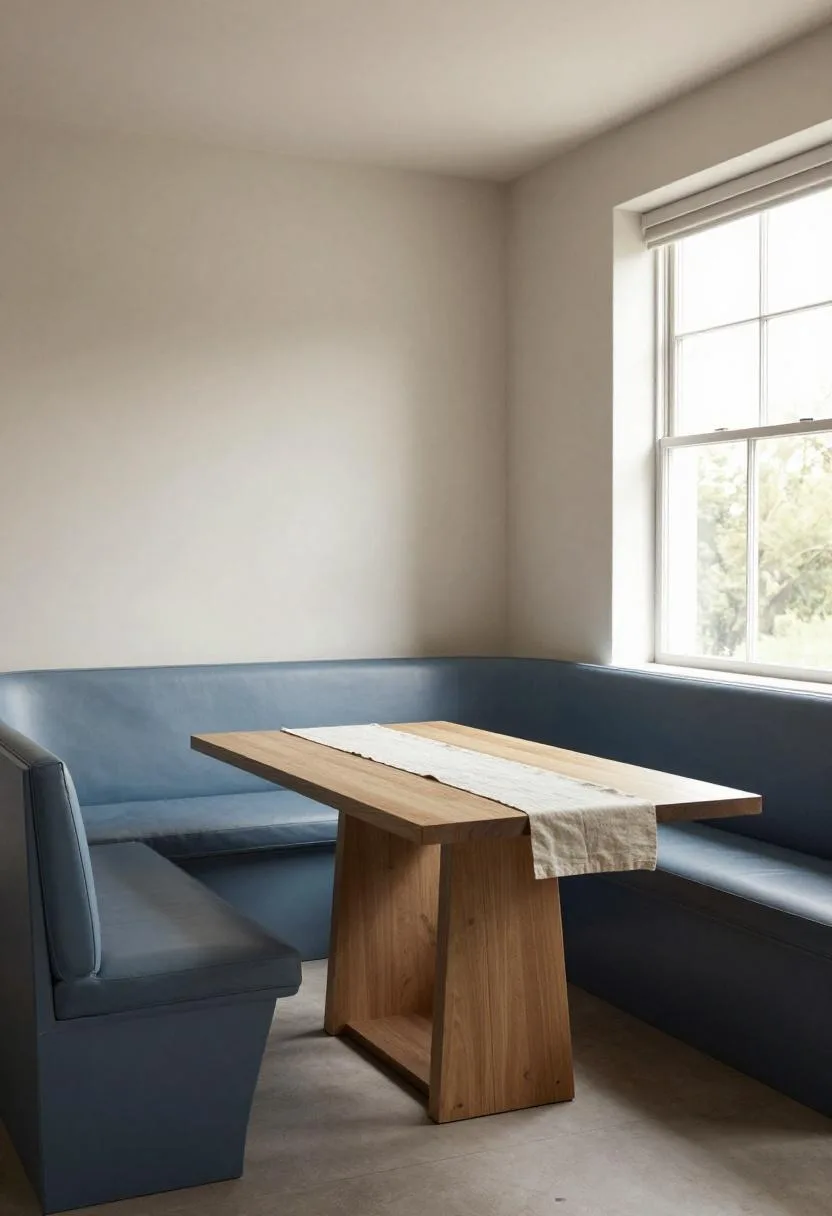 Steel-blue L-shaped banquette breakfast nook with oak table and natural linen runner