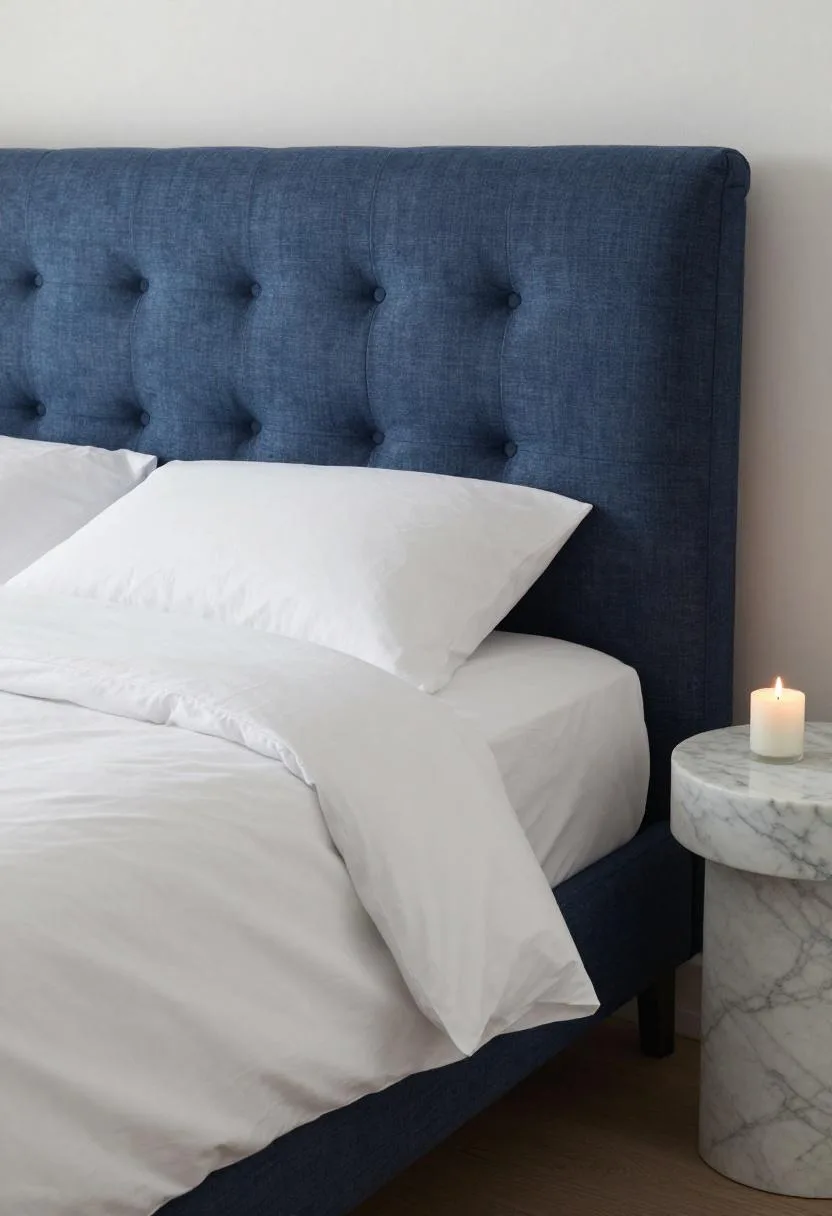 Steel-blue tufted linen headboard with a marble side table and single taper candle in diffused soft light