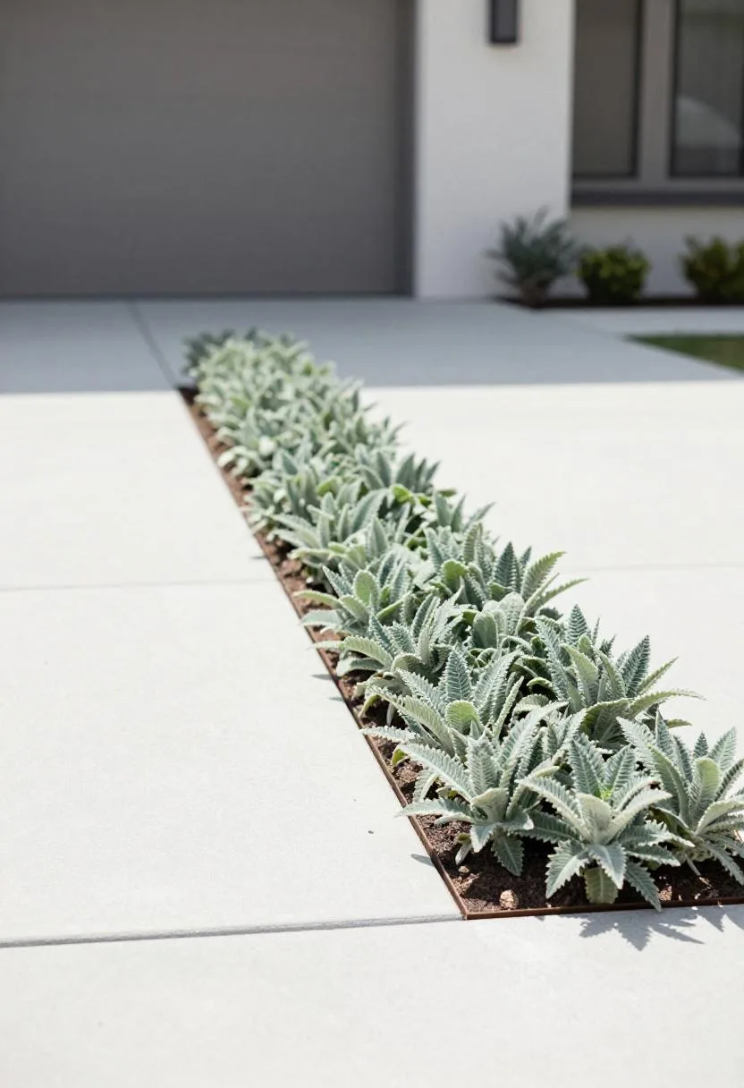 Steel-edged linear bed of pale sage lamb's ear plants lining a modern driveway edge