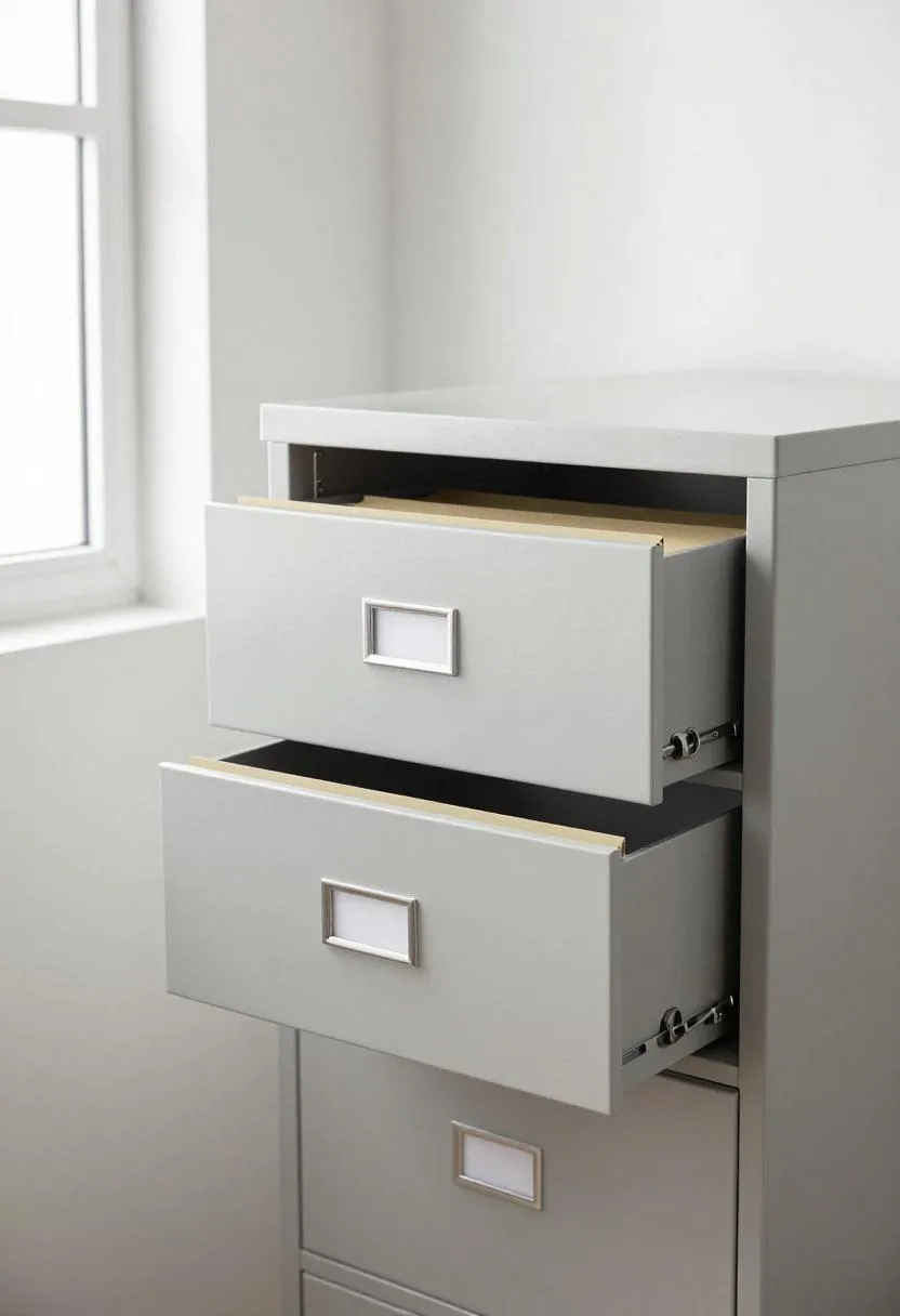 Open steel filing cabinet drawer with slate folders organized by sage green tab dividers