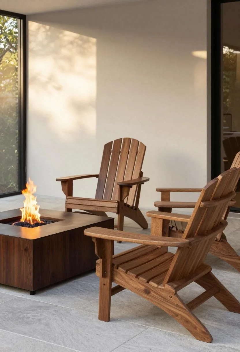Dark steel fire pit anchoring a front patio corner with cedar Adirondack chairs in warm morning light