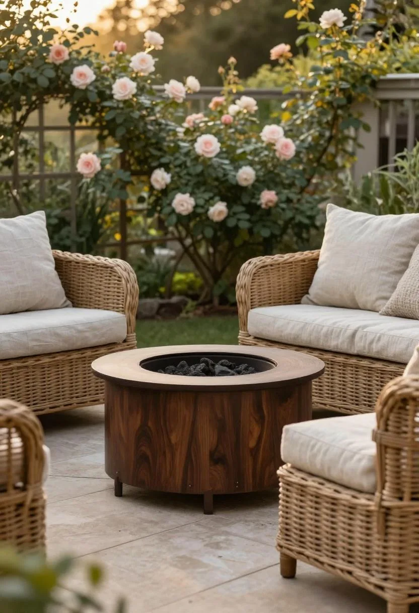 Dark steel fire pit and wicker loveseat creating a cozy cottage patio spot beneath climbing roses