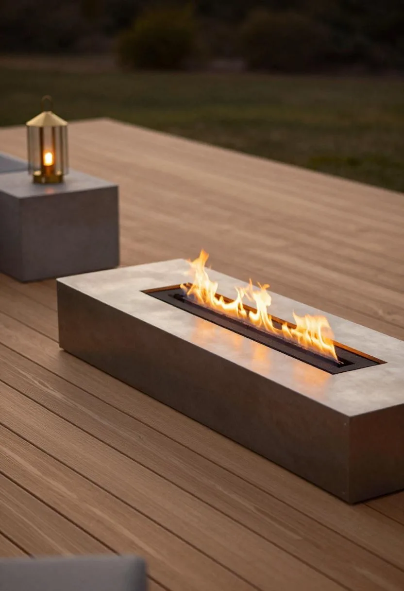 Sleek steel fire table with amber flame beside a concrete side table and brass lantern on a modern cedar deck