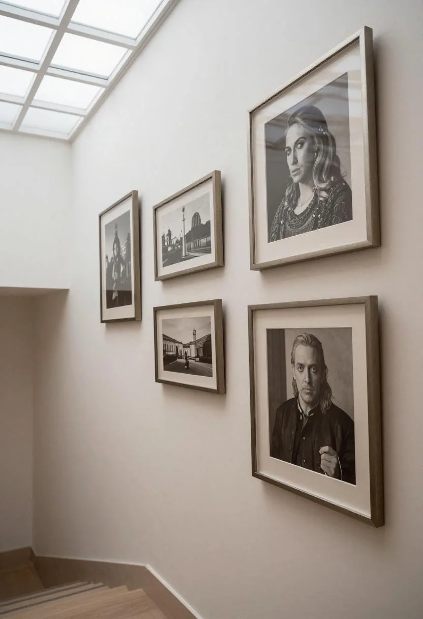 Staggered steel-framed gallery wall following staircase diagonal on landing
