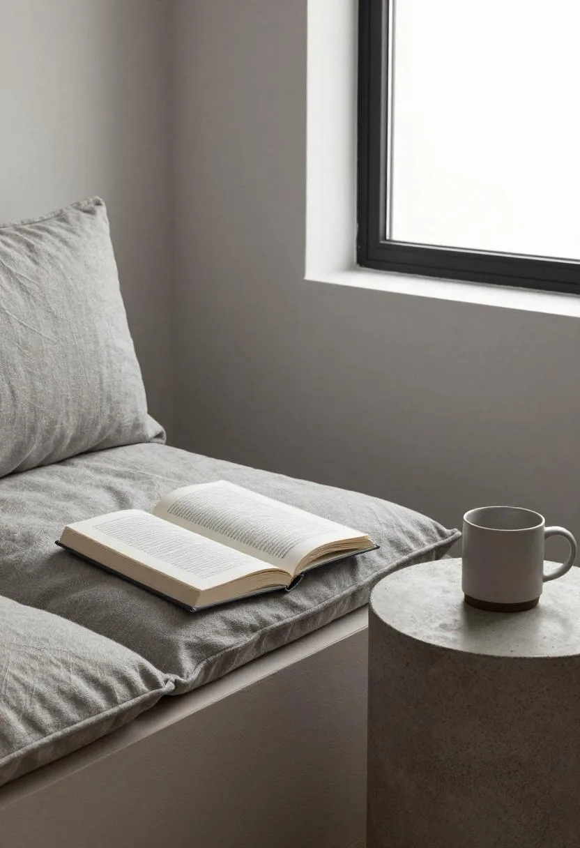Steel-grey linen reading nook with concrete side table in a quiet alcove