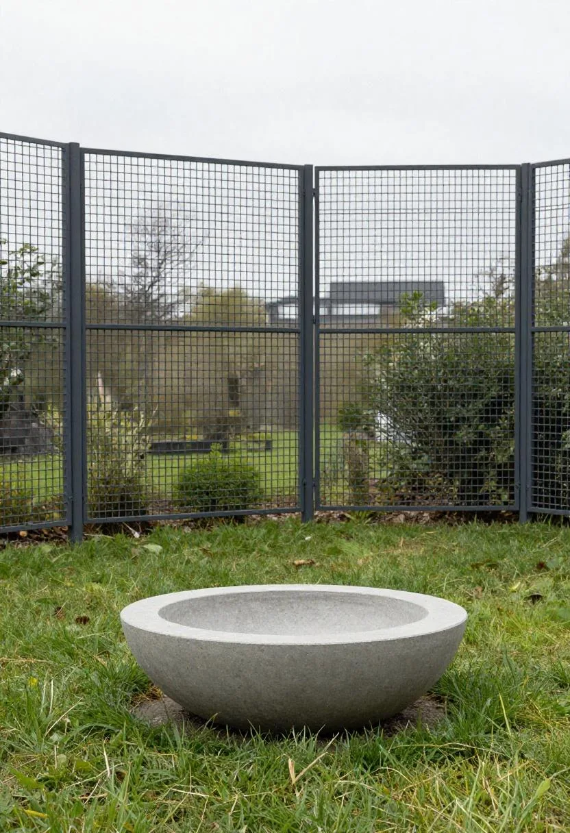 A charcoal steel grid trellis and concrete birdbath creating a refined modern backyard privacy feature
