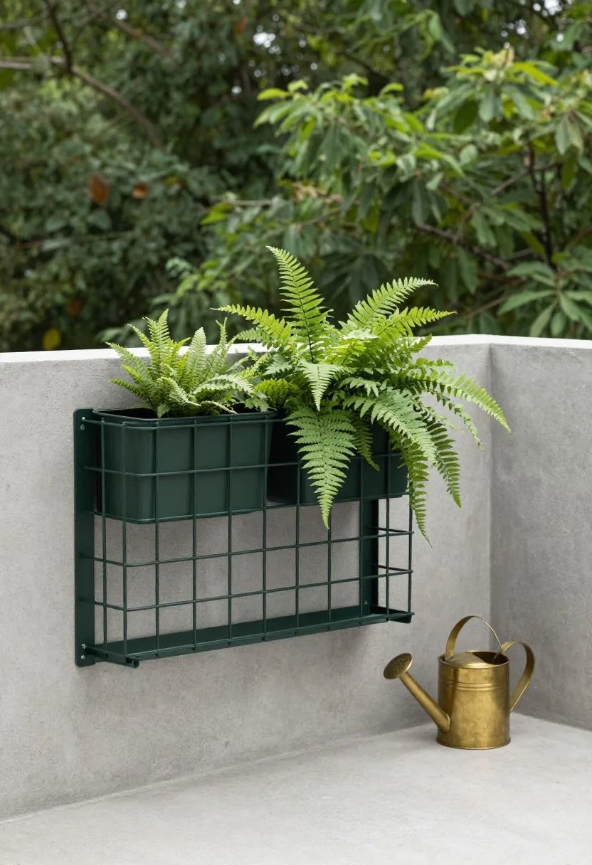 Interior design - steel grid vertical planter balcony cascading ferns