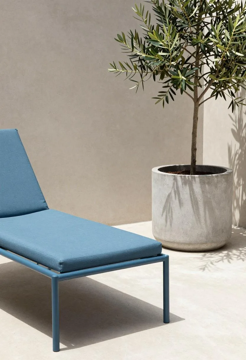 Steel lounge chair with coastal blue cushion and concrete olive tree planter on a modern patio