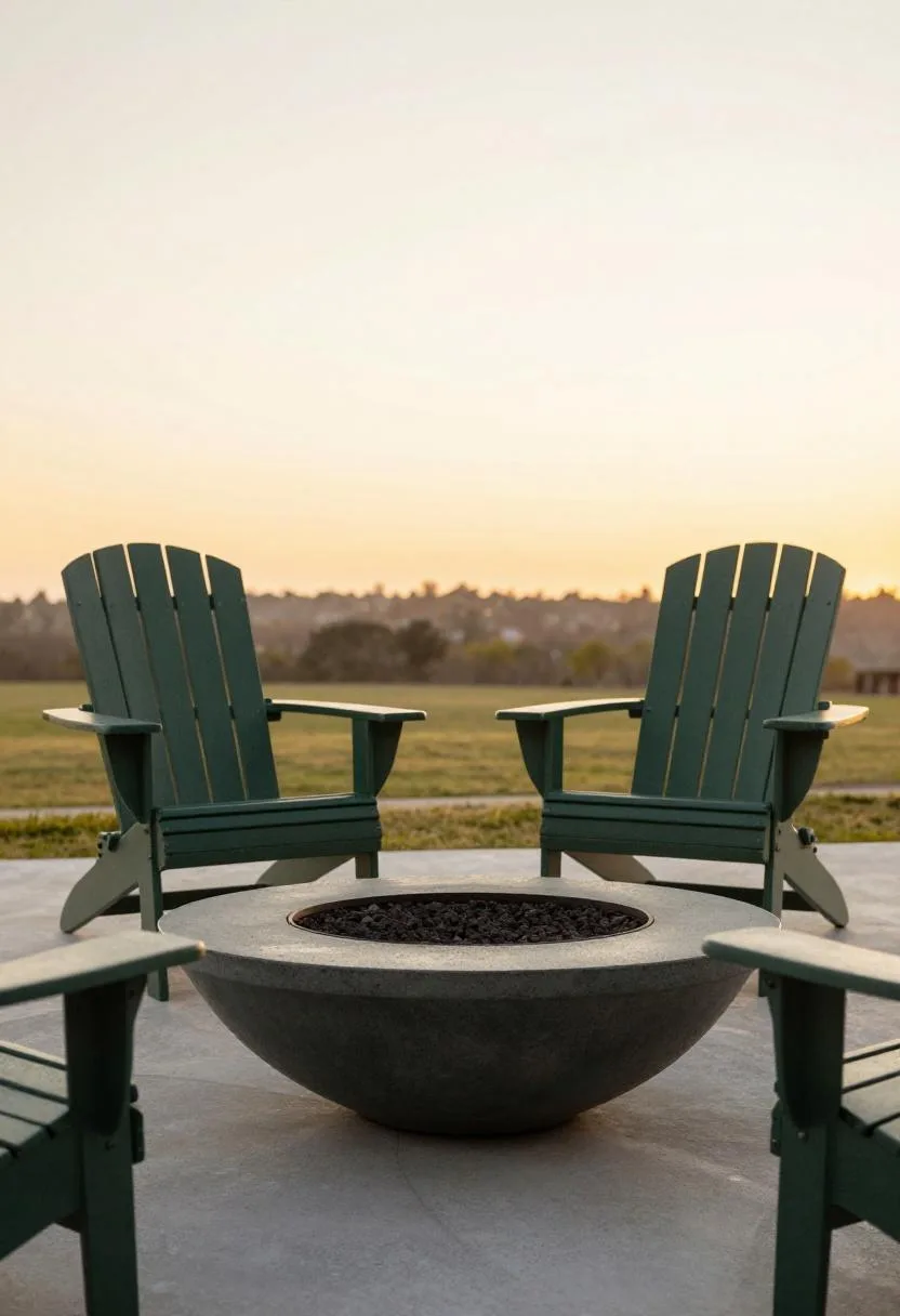 Steel pergola framing a dark concrete fire pit with teak Adirondack chairs in golden hour glow