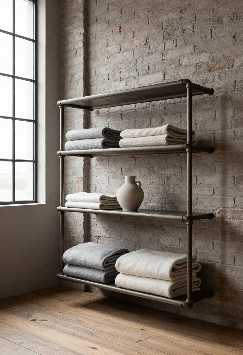 Steel pipe shelf holding folded wool blankets and white ceramic vase against exposed brick wall