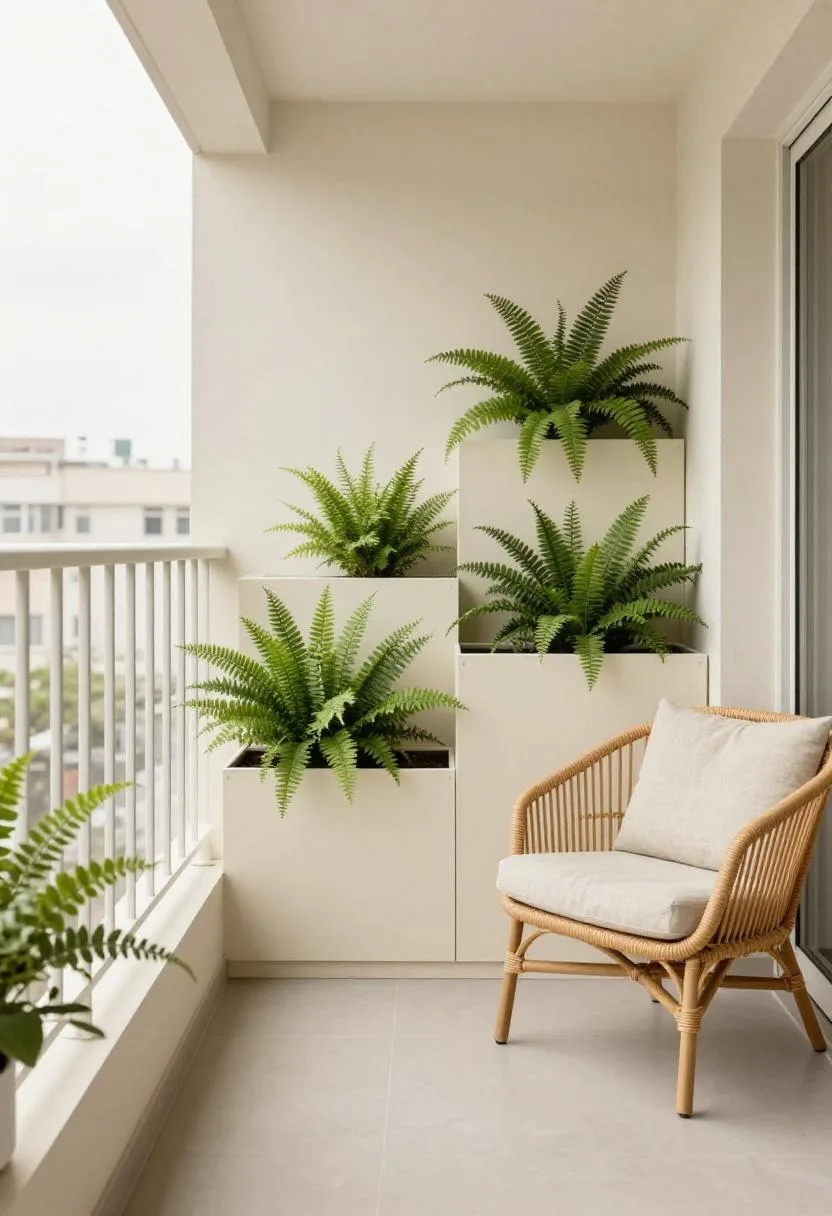 Cream steel tiered planter wall filled with Boston ferns softening a narrow urban balcony without blocking the walkway