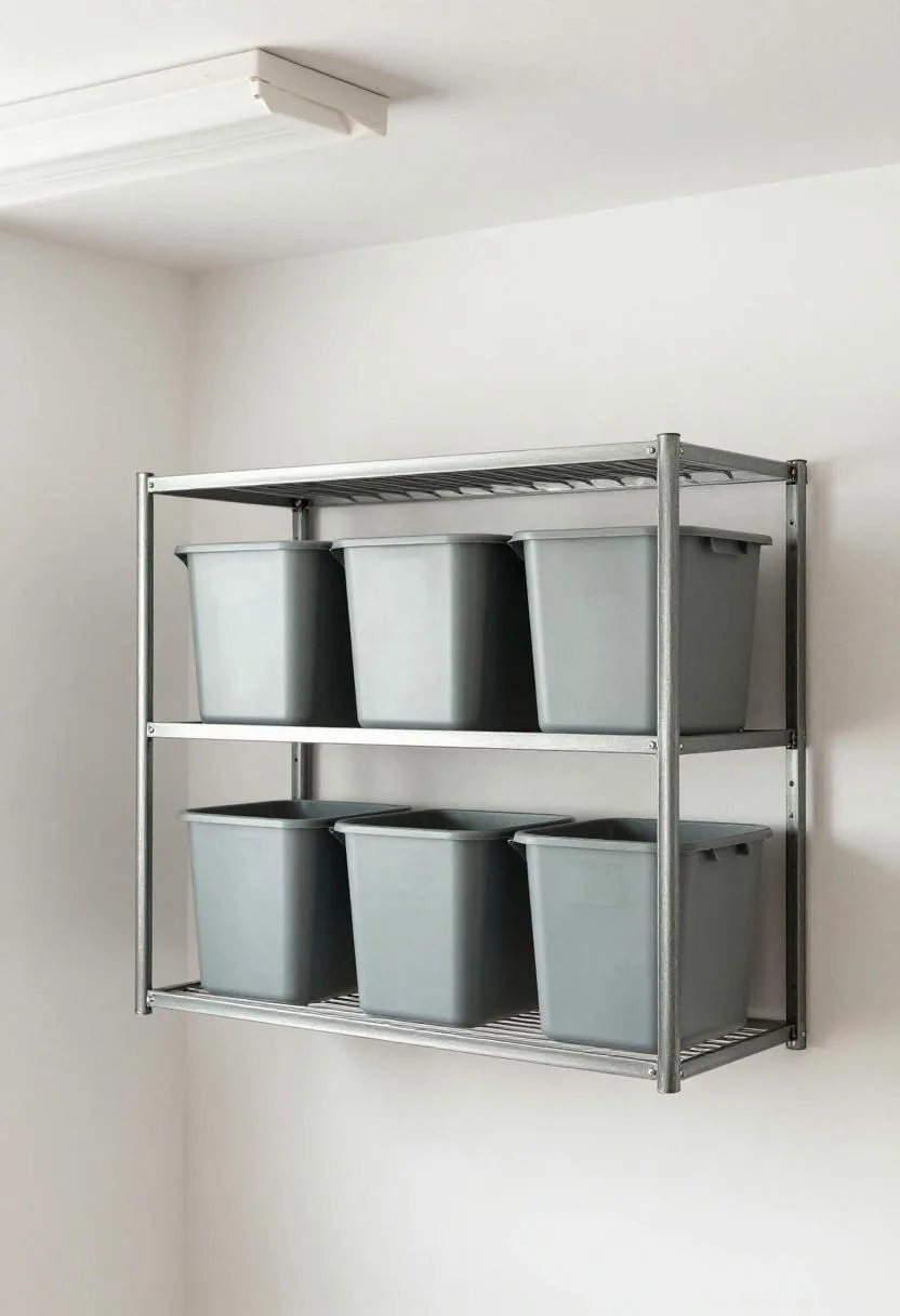 Steel utility shelf with matching gray labeled storage bins for a tidy garage wall