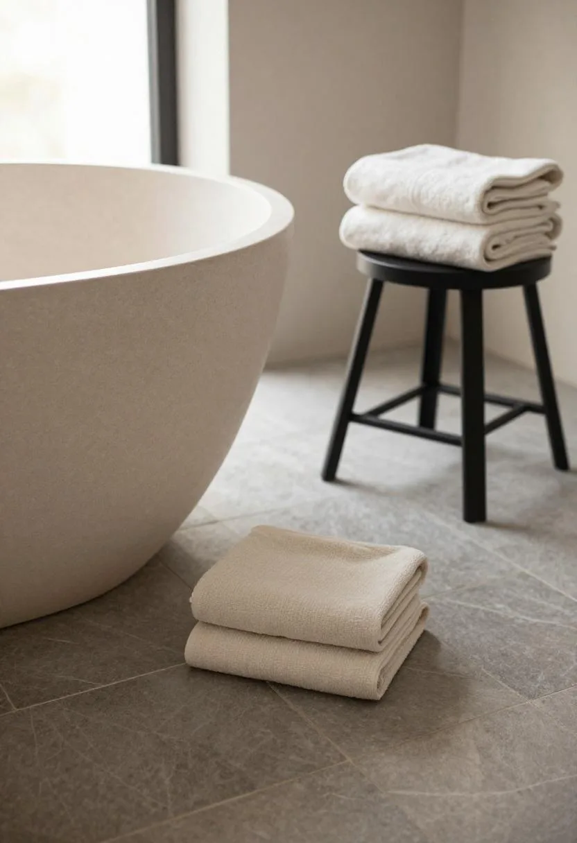 Overhead view of a stone freestanding tub on dark slate floor with warm ivory linen towels on a black iron stool