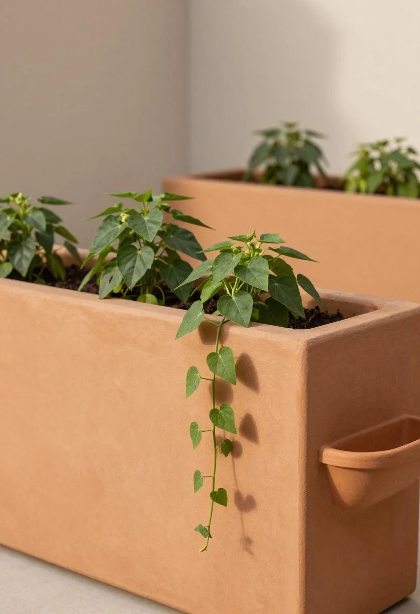 Stucco raised bed with peppers and trailing nasturtiums in a sunny front yard