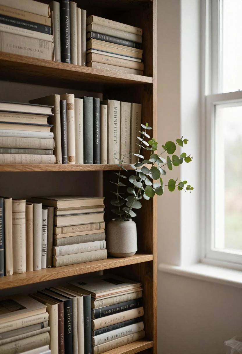 Tall pine bookshelf with linen-bound books and a potted eucalyptus in soft daylight