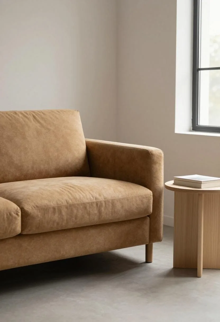 Tan boucle armchair with ash side table in a Scandinavian reading corner