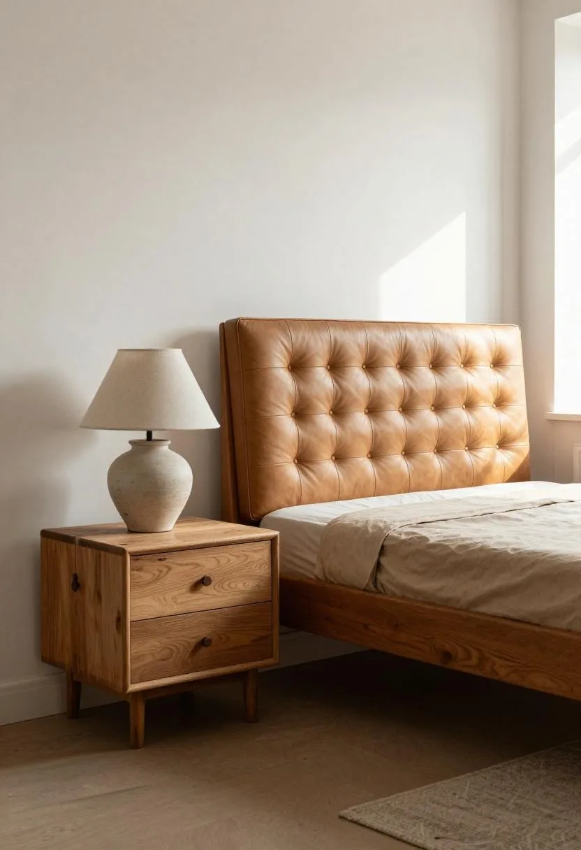 Tan leather headboard bed with oak dresser and linen table lamp in warm morning light