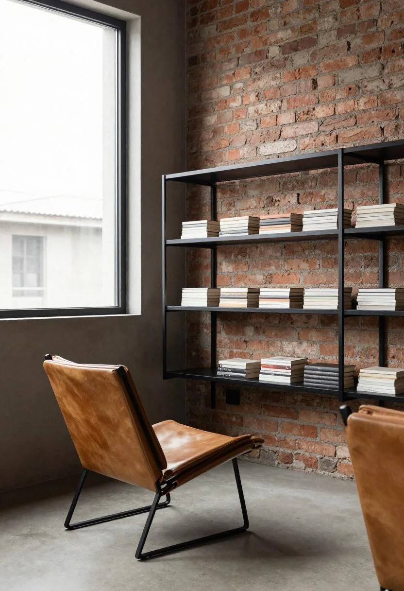 Tan leather sling chair beneath a steel pipe shelf on exposed brick wall