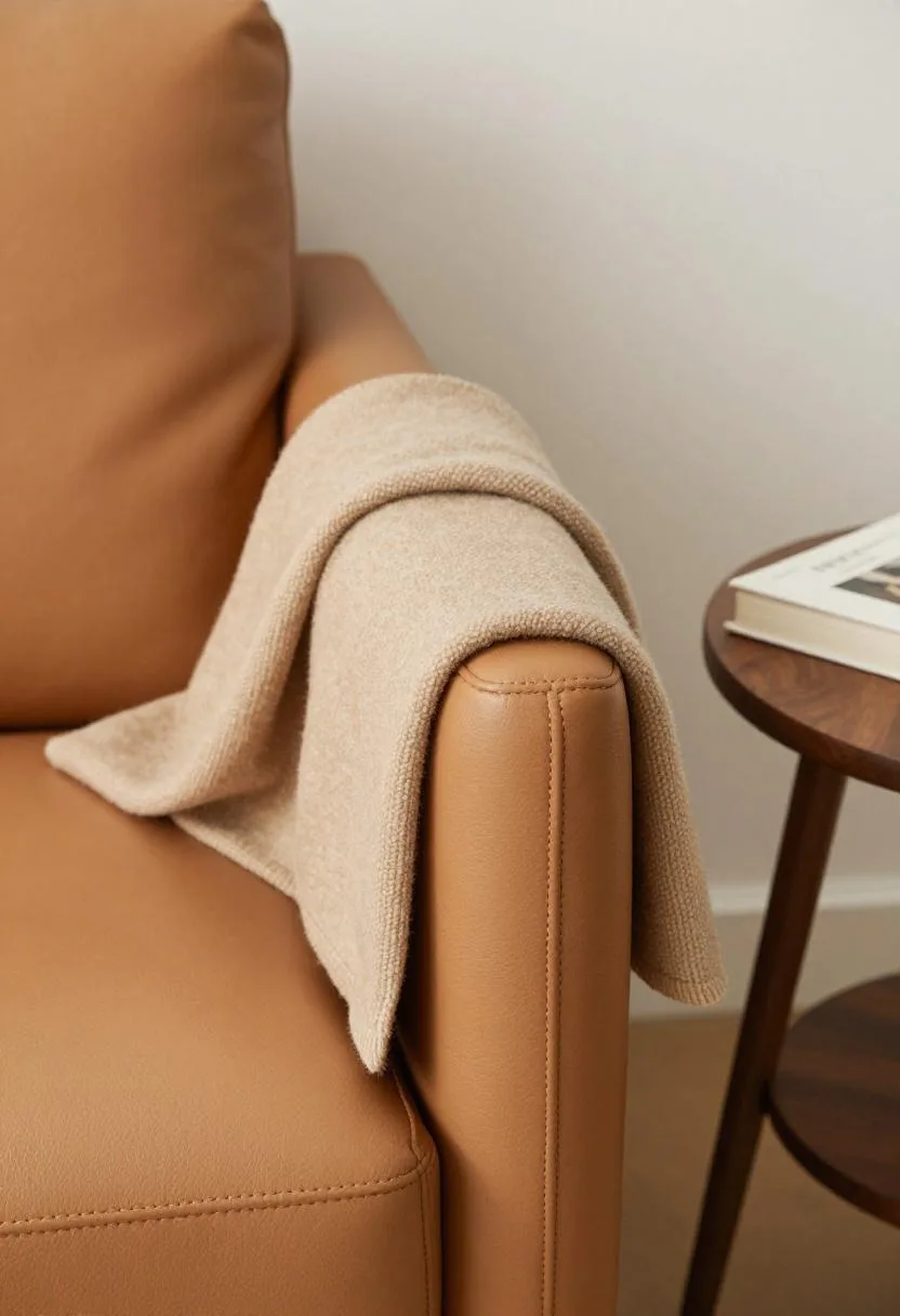 Tan leather sofa armrest with a camel cashmere throw and walnut side table detail