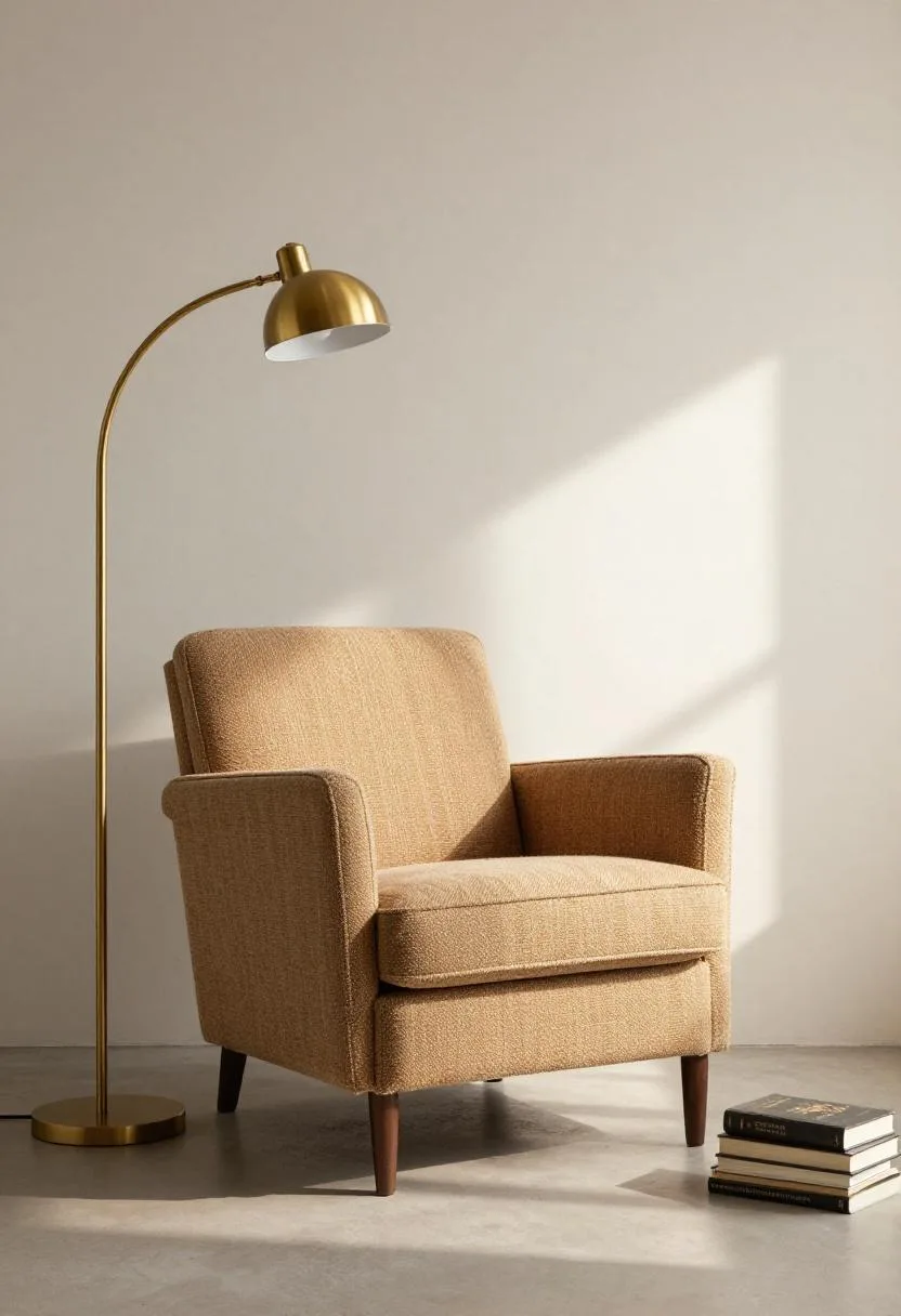 Tan tweed armchair with brass arc lamp and stacked books in afternoon light