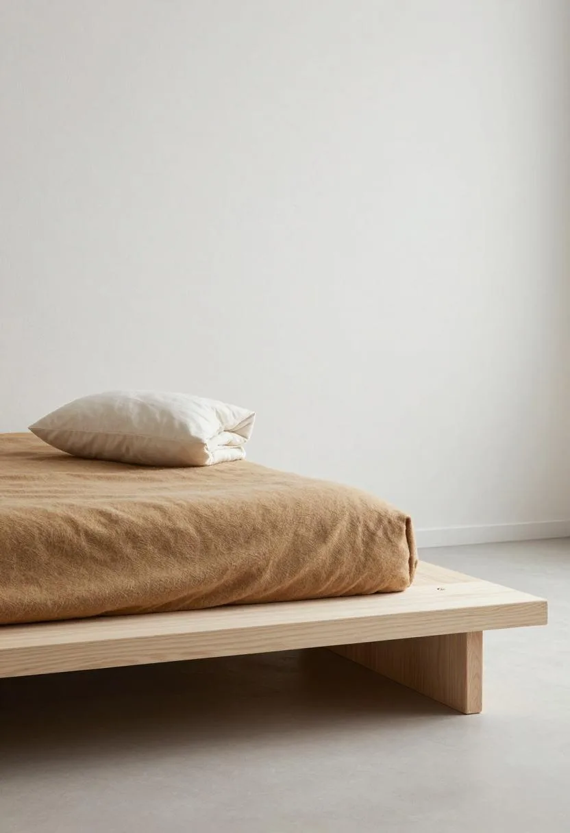Tatami-inspired ash wood platform bed with warm tan wool bedding in a minimal Japandi bedroom