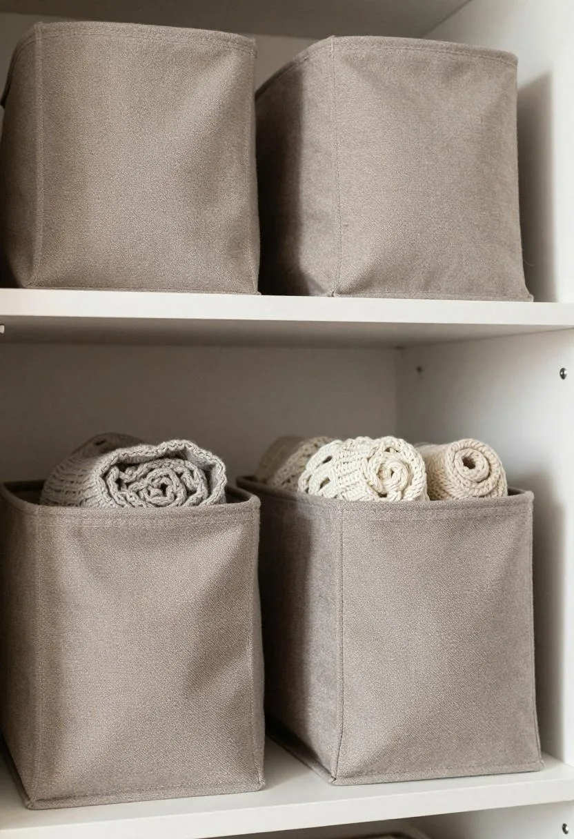 Taupe canvas storage bins on a closet shelf with rolled knit tops visible inside each open bin