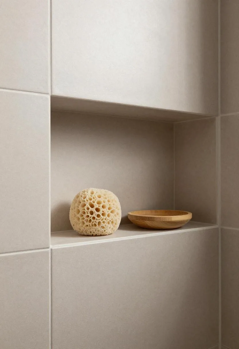Taupe ceramic shower niche holding a natural sea sponge and a bamboo dish in warm soft light