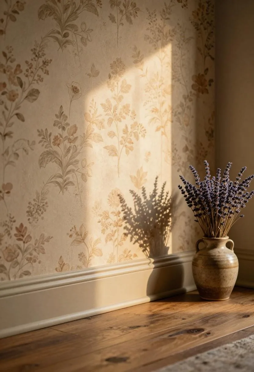 Taupe pine baseboard trim grounding a Cottagecore living room where vintage wallpaper meets worn oak plank floors