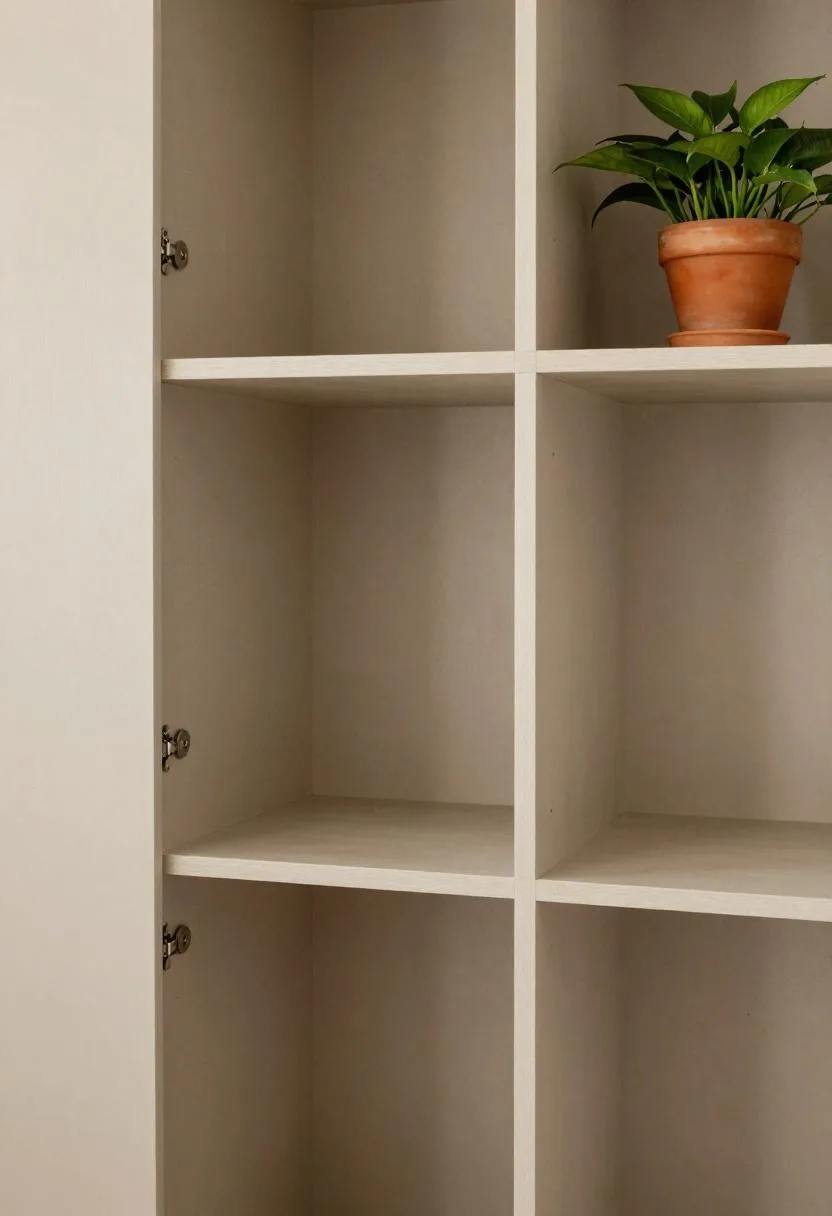 Taupe plaster-finish wardrobe closet office with beech desk surface and trailing pothos greenery from upper shelf
