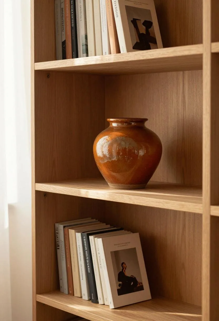Teak built-in bookshelf with a bold persimmon ceramic pot for a warm accent