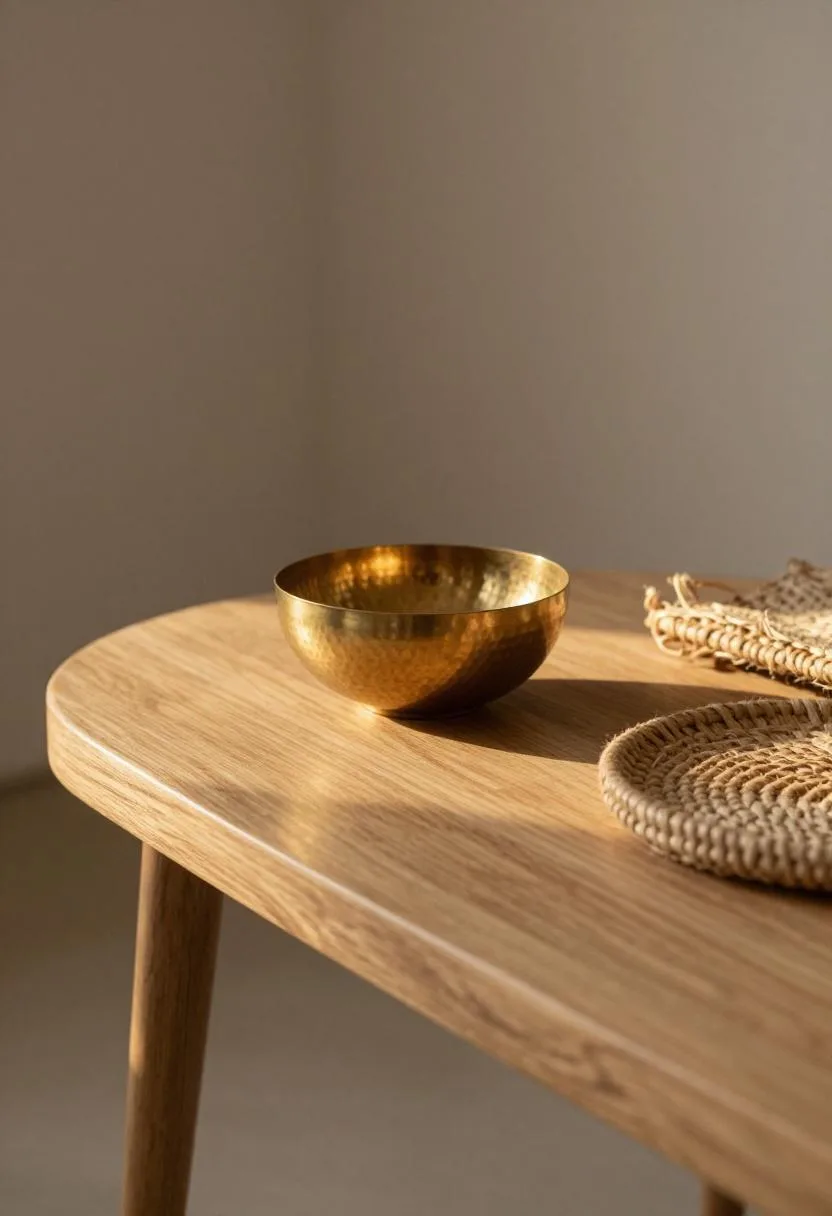 Teak coffee table with a hammered brass bowl and woven jute tray in golden afternoon light