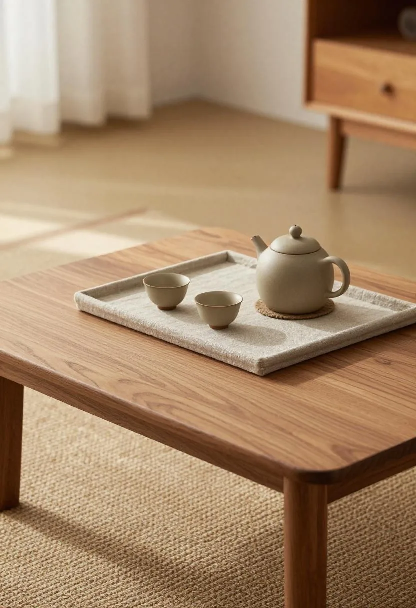 Teak coffee table with a warm taupe linen tray holding a clay teapot and ceramic cups