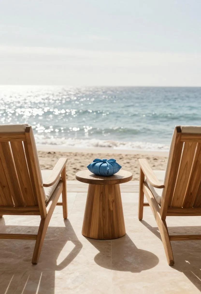 Interior design - teak lounge chairs steel blue cushion ocean view patio