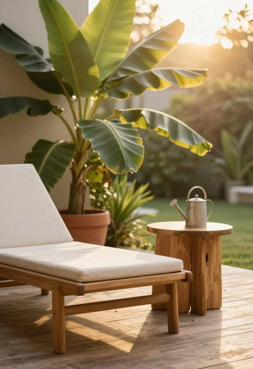 Teak lounger, walnut side table, and terracotta banana plant on a tropical deck at golden hour