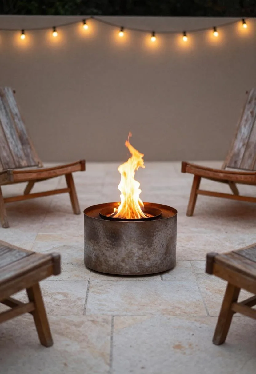 Teak loungers flanking a glowing hammered steel fire pit on a limestone patio in golden dusk light