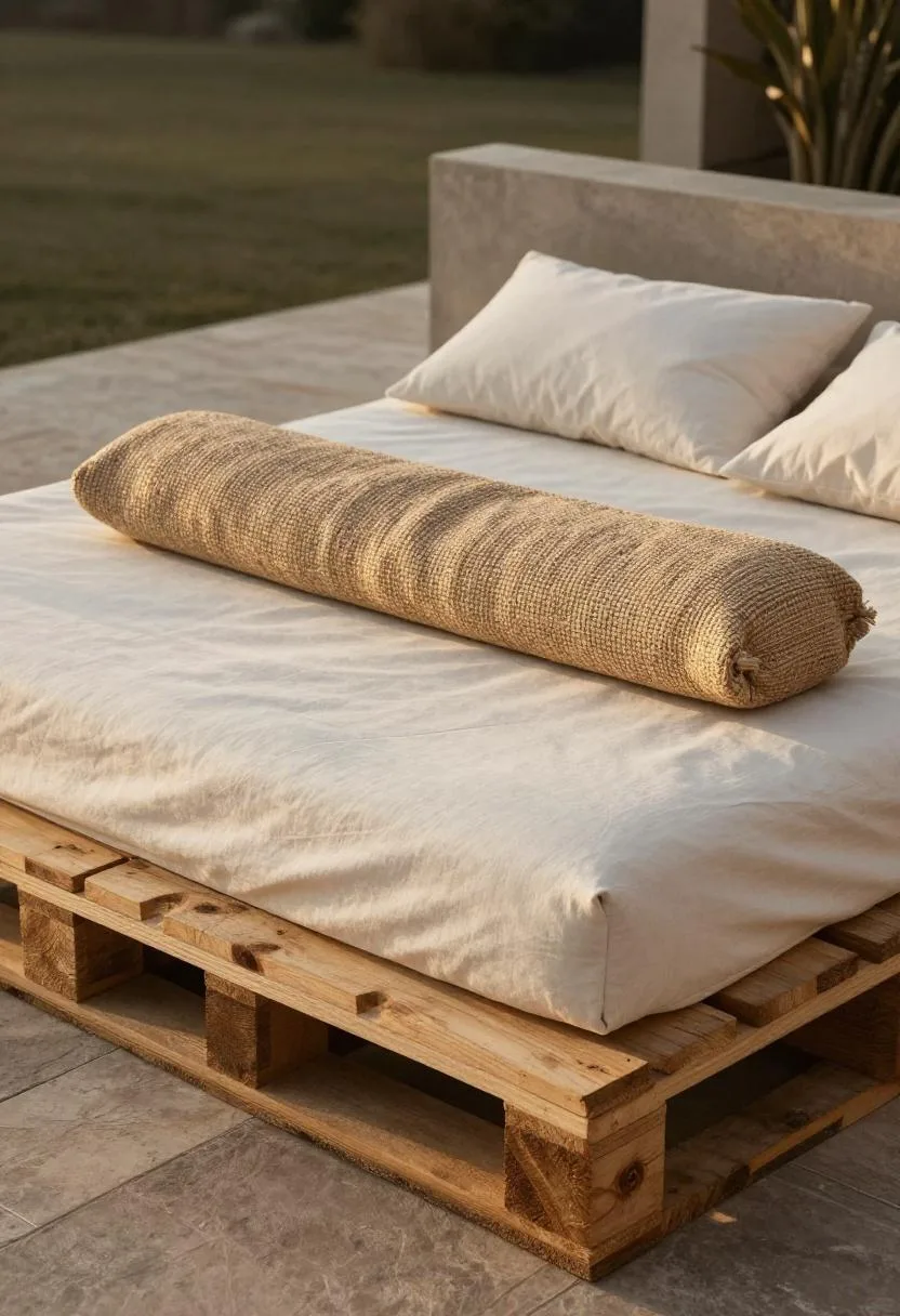 Teak-stained pallet daybed with cotton mattress and jute bolster on a stone deck at golden hour