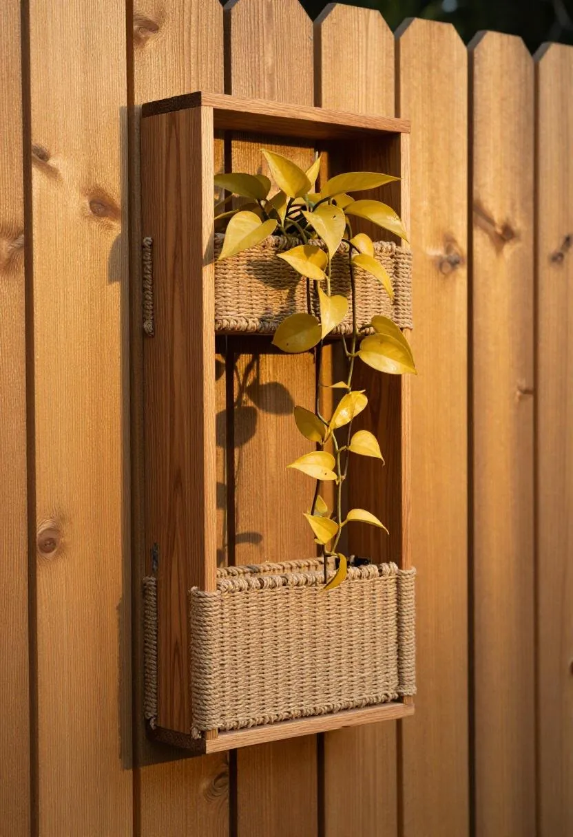 Reclaimed teak planter frame with amber jute shelving holding golden pothos on a cedar fence at golden hour