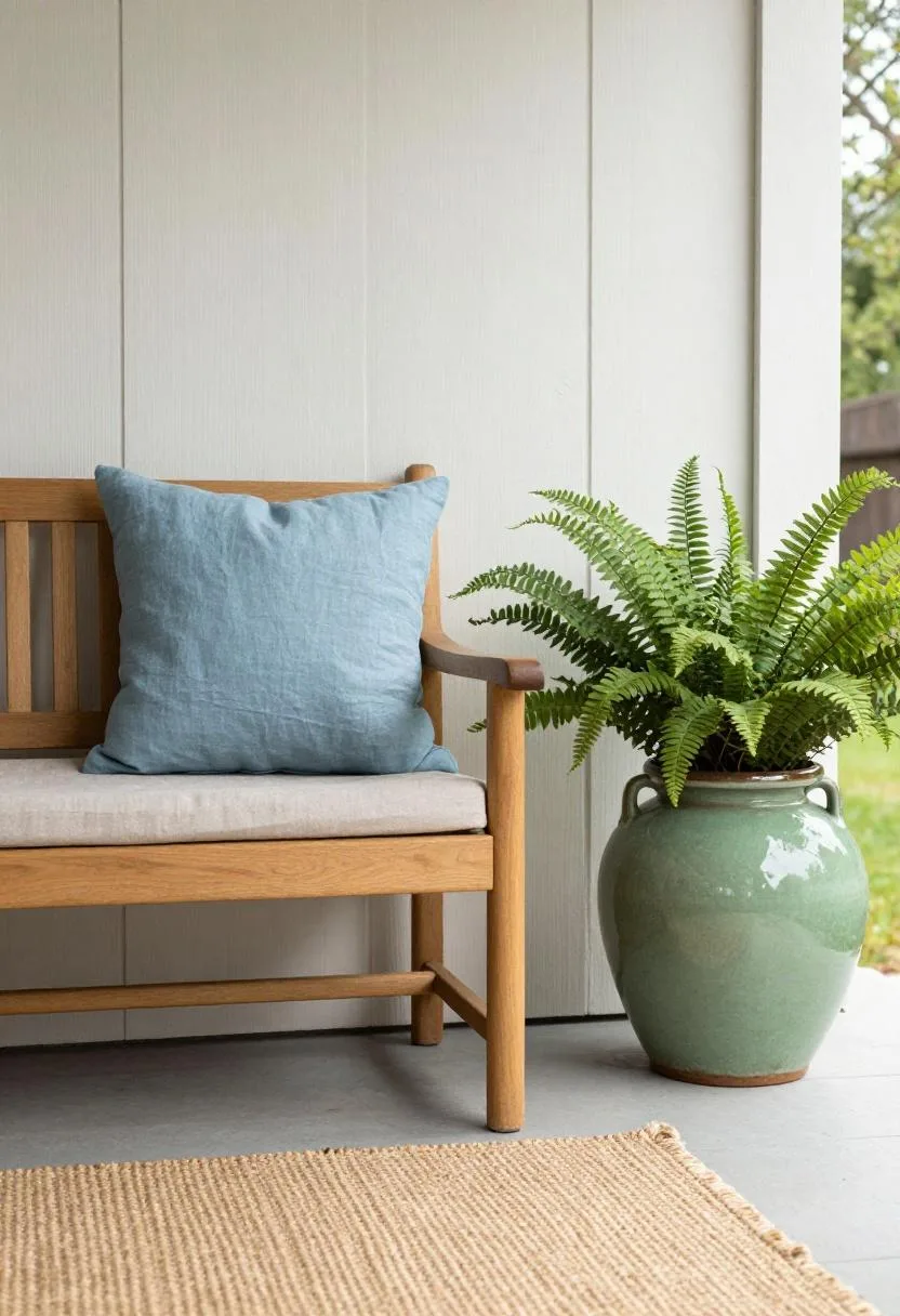 Cool blue cushion and medium green fern pot bring a fresh seasonal palette to a teak porch bench