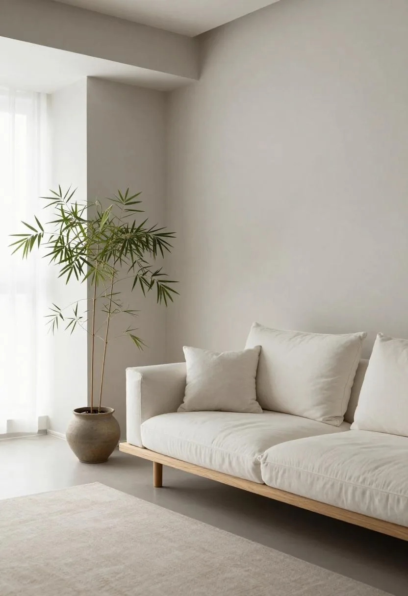 Teak sofa with white cushions facing a gray plaster wall with a bamboo palm in a Japandi living room