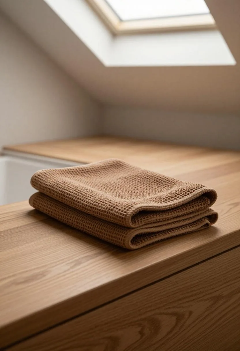 Teak spa bench with a folded brown waffle towel positioned beneath a soft skylight in a walk-in shower