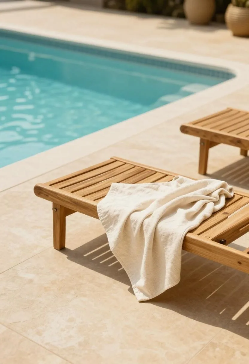 Teak sun lounger with cream linen towel beside a turquoise pool on a bright coastal midday