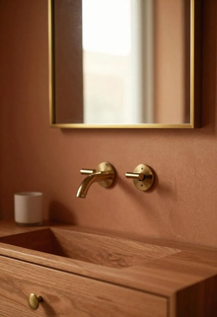 Teak vanity drawer pull and brass mirror reflecting terracotta plaster wall in golden light