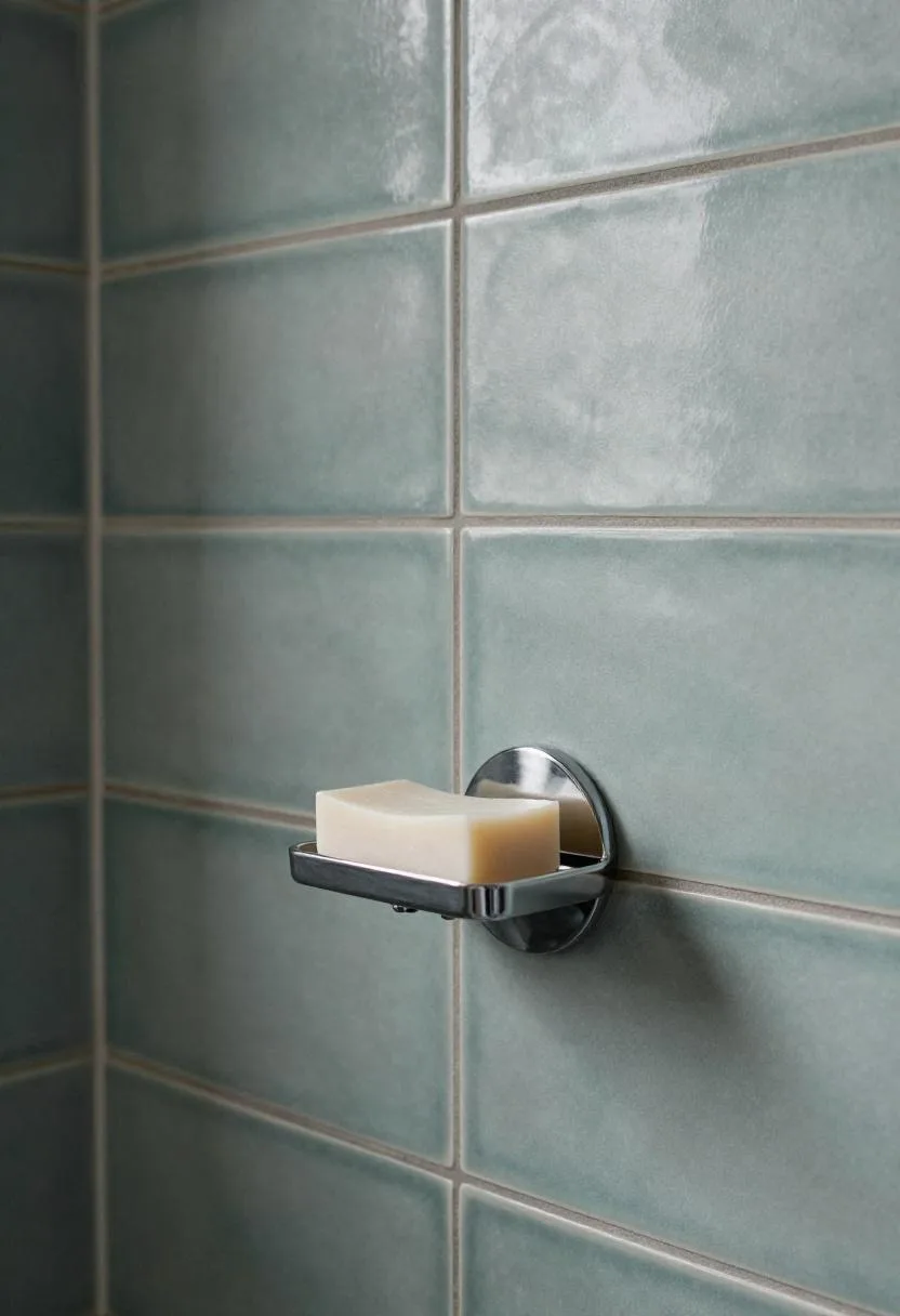 Stacked teal ceramic subway tiles with charcoal grout lines and a chrome soap dish on the wall