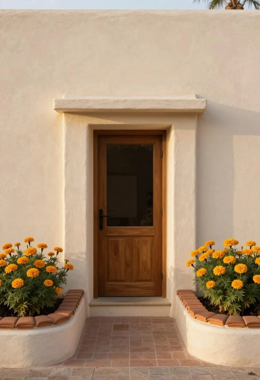 Terracotta-tiled curved bed of warm golden marigolds beside a Mediterranean stucco home entry at golden hour