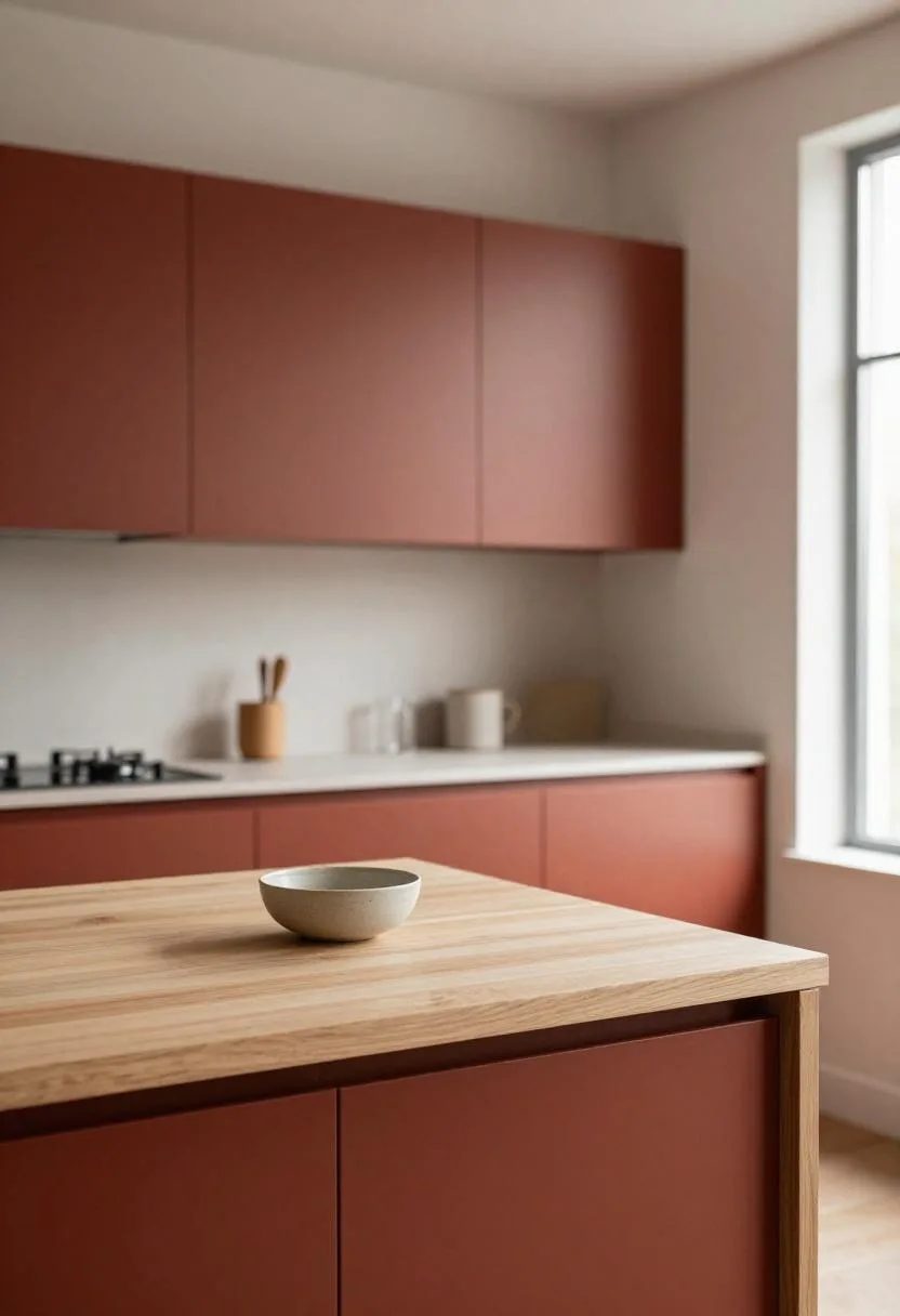 Terracotta red matte cabinets with a light oak Japandi island and a minimal ceramic accent