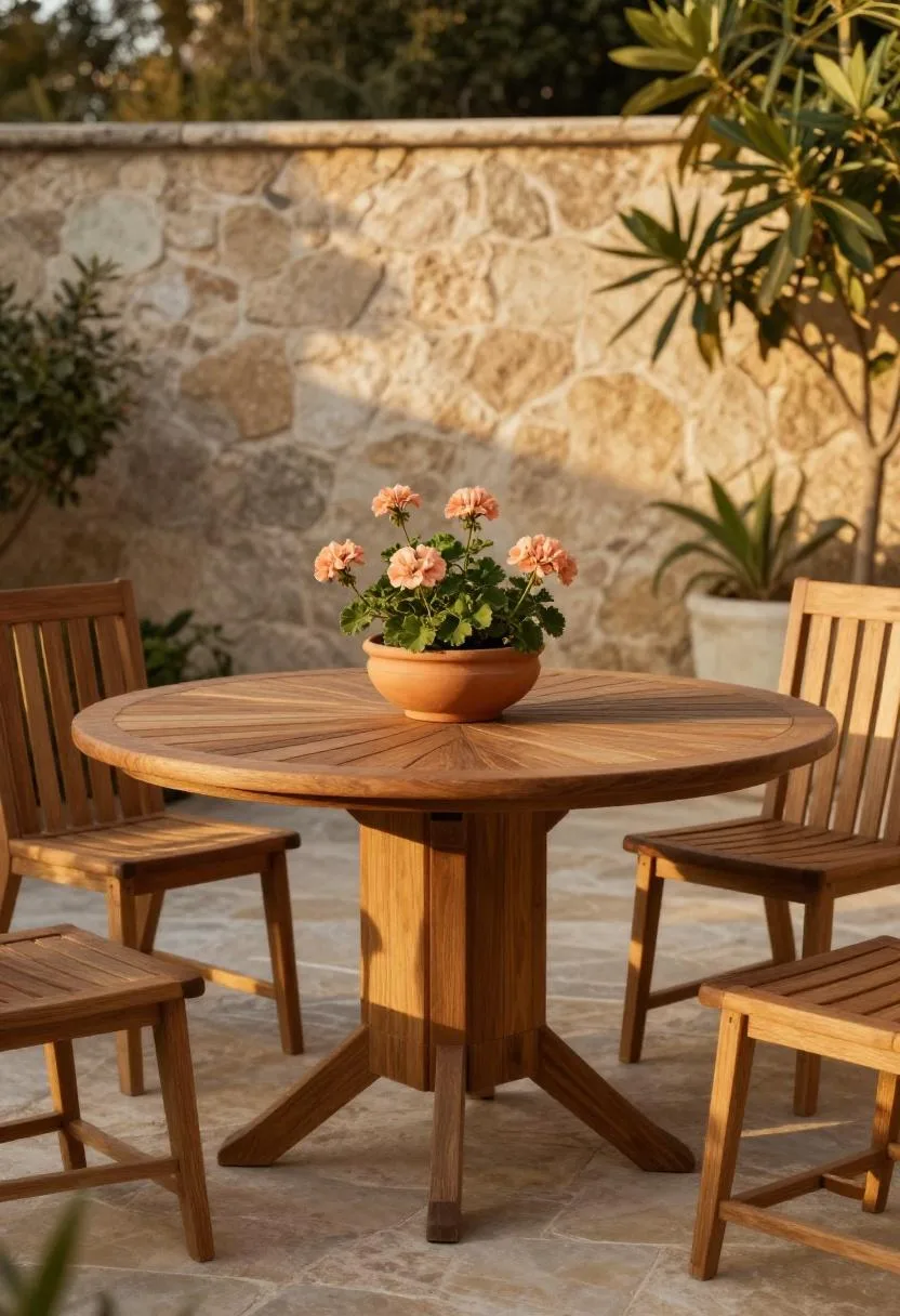 Terracotta bowl of peach geraniums centered on a round teak patio table
